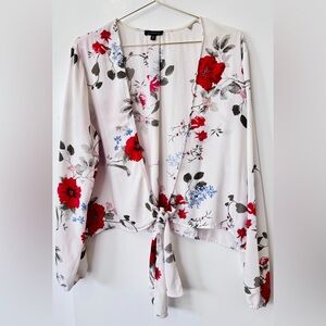 Dynamite| Y2K White Red Blue Silky Floral Print Blouse with Tie-Front Sz XL